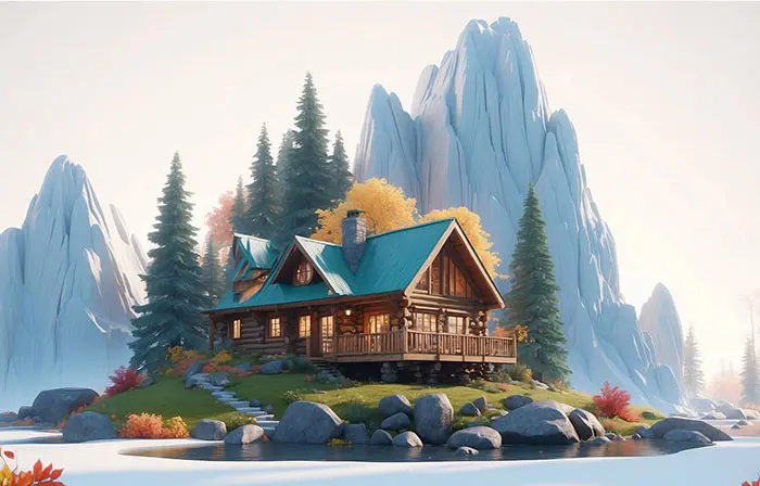 Stylish House in Front of Mountains 3D Graphic Art Illustration image
